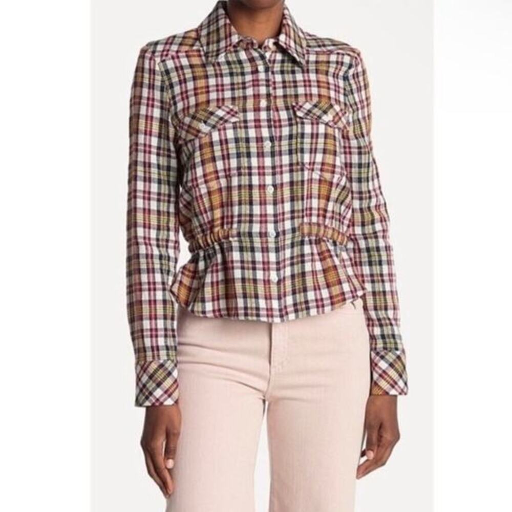 Veronica Beard Shania Plaid Long Sleeve Cinched Waist Button Down Top Sz 0